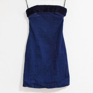 Vintage Faux Fur Trimmed Denim Sleeveless Tube Mini Dress